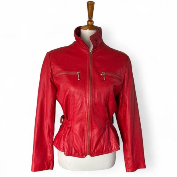 Vintage Jackets & Blazers - Vintage Cherry Red Leather Moto Jacket - Colebrook & Co - Size Small (Early 90s)